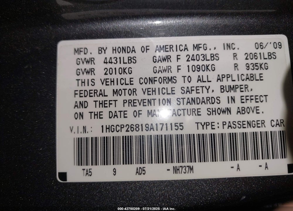 2009 HONDA ACCORD 2.4 EX-L VIN: 1HGCP26819A171155