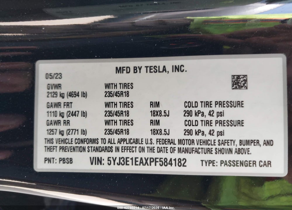 2023 TESLA MODEL 3 VIN: 5YJ3E1EAXPF584182