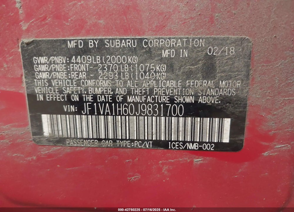 2018 SUBARU WRX VIN: JF1VA1H60J9831700