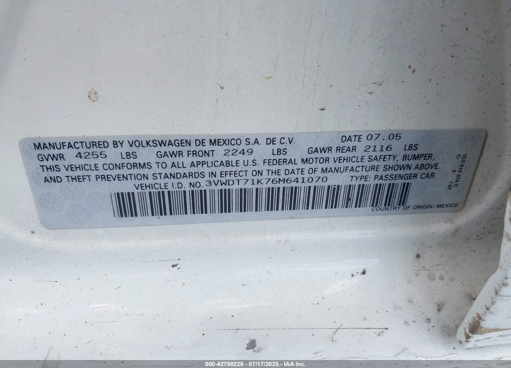 2006 VOLKSWAGEN JETTA TDI VIN: 3VWDT71K76M641070