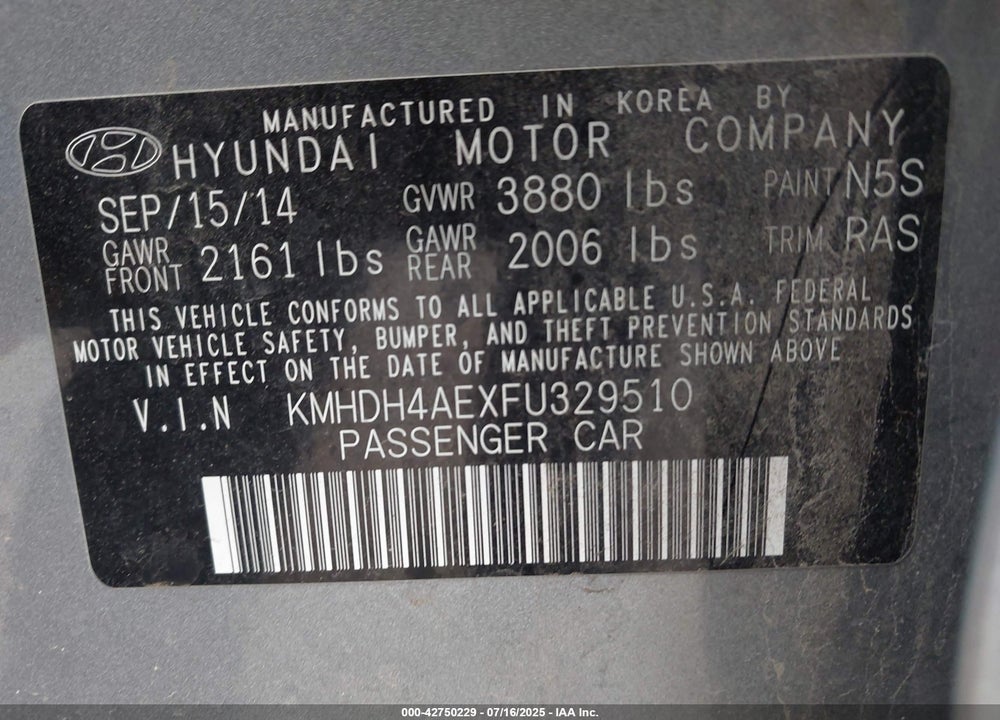 2015 HYUNDAI ELANTRA SE VIN: KMHDH4AEXFU329510