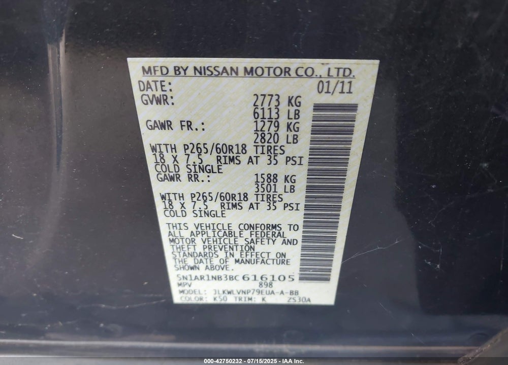 2011 NISSAN PATHFINDER LE VIN: 5N1AR1NB3BC616105