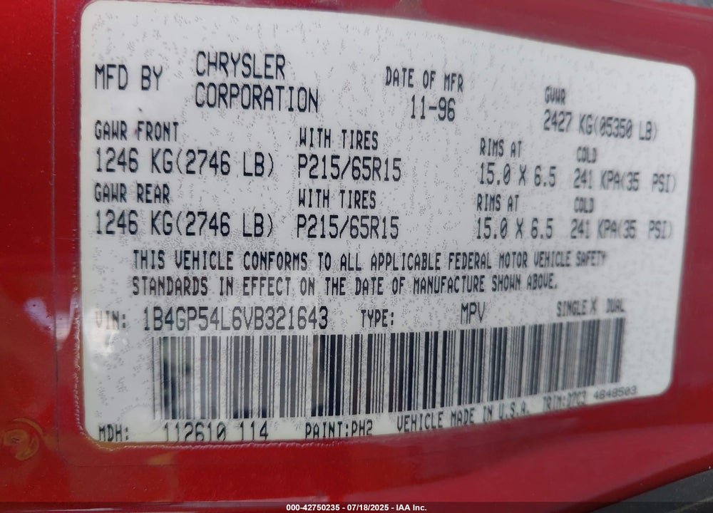 1997 DODGE GRAND CARAVAN ES/LE VIN: 1B4GP54L6VB321643