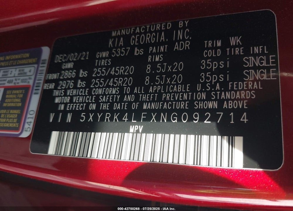 2022 KIA SORENTO VIN: 5XYRK4LFXNG092714