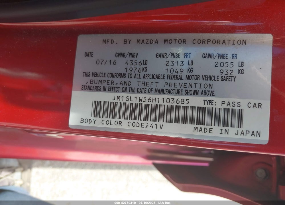 2017 MAZDA 6 VIN: JM1GL1W56H1103685
