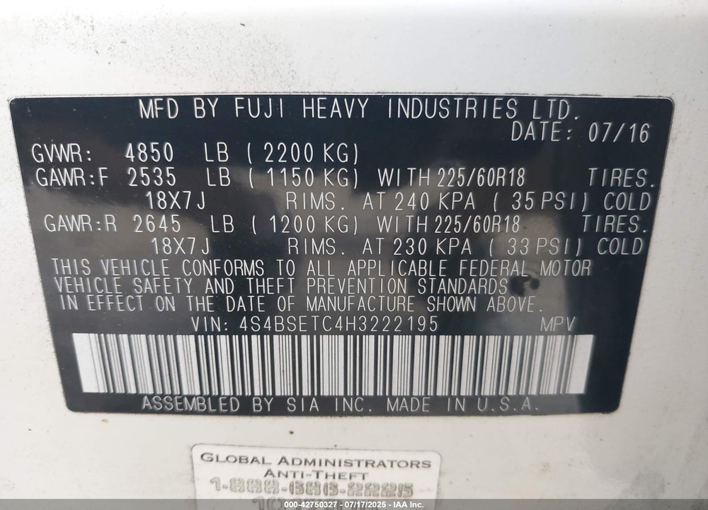 2017 SUBARU OUTBACK VIN: 4S4BSETC4H3222195