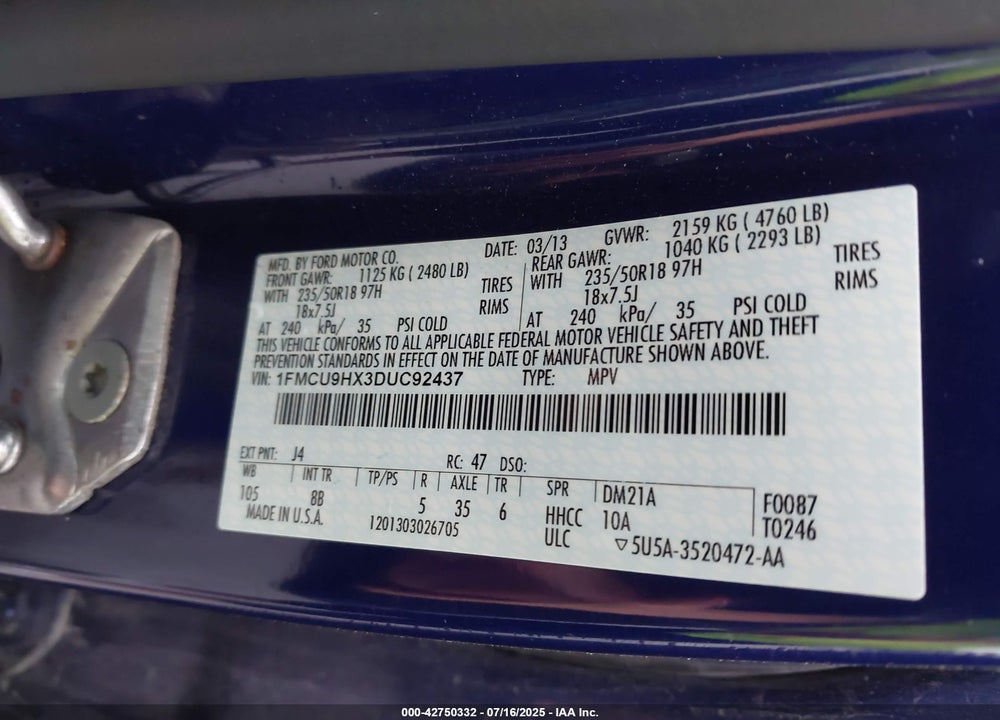 2013 FORD ESCAPE VIN: 1FMCU9HX3DUC92437