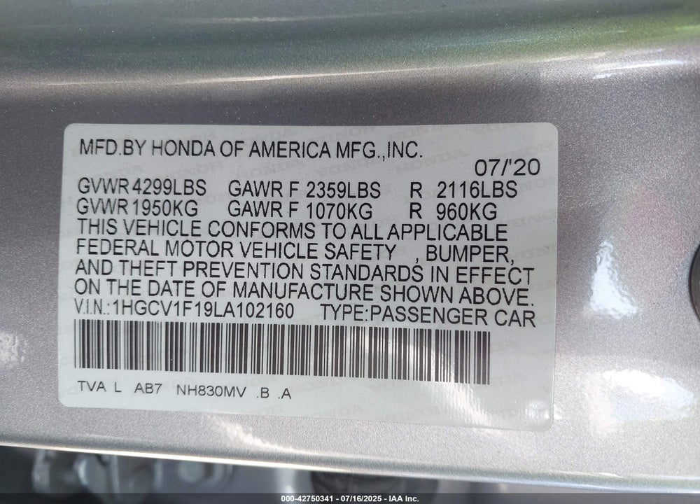 2020 HONDA ACCORD VIN: 1HGCV1F19LA102160