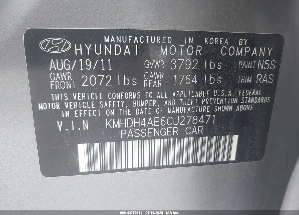 2012 HYUNDAI ELANTRA VIN: KMHDH4AE6CU278471