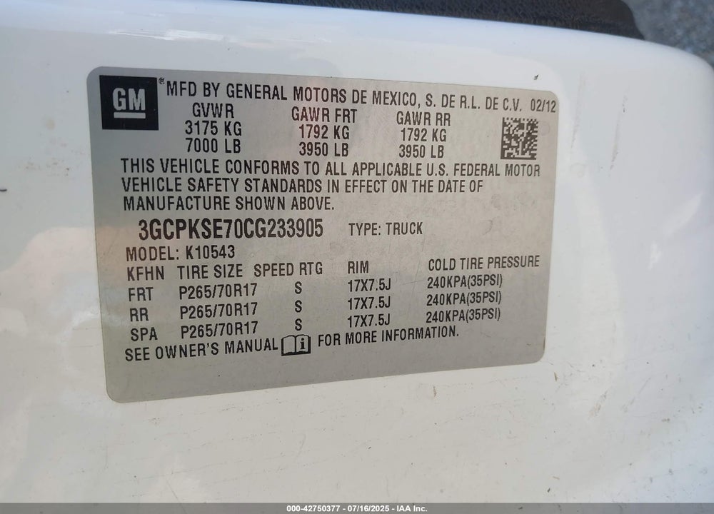 2012 CHEVROLET SILVERADO 1500 VIN: 3GCPKSE70CG233905