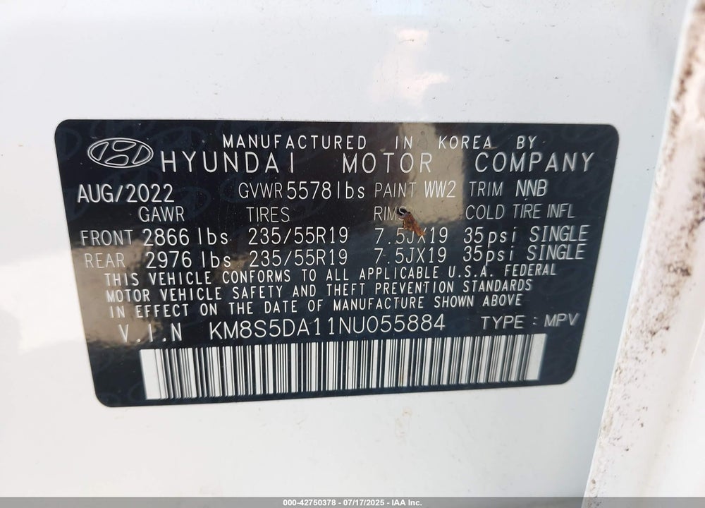2022 HYUNDAI SANTA FE HYBRID VIN: KM8S5DA11NU055884