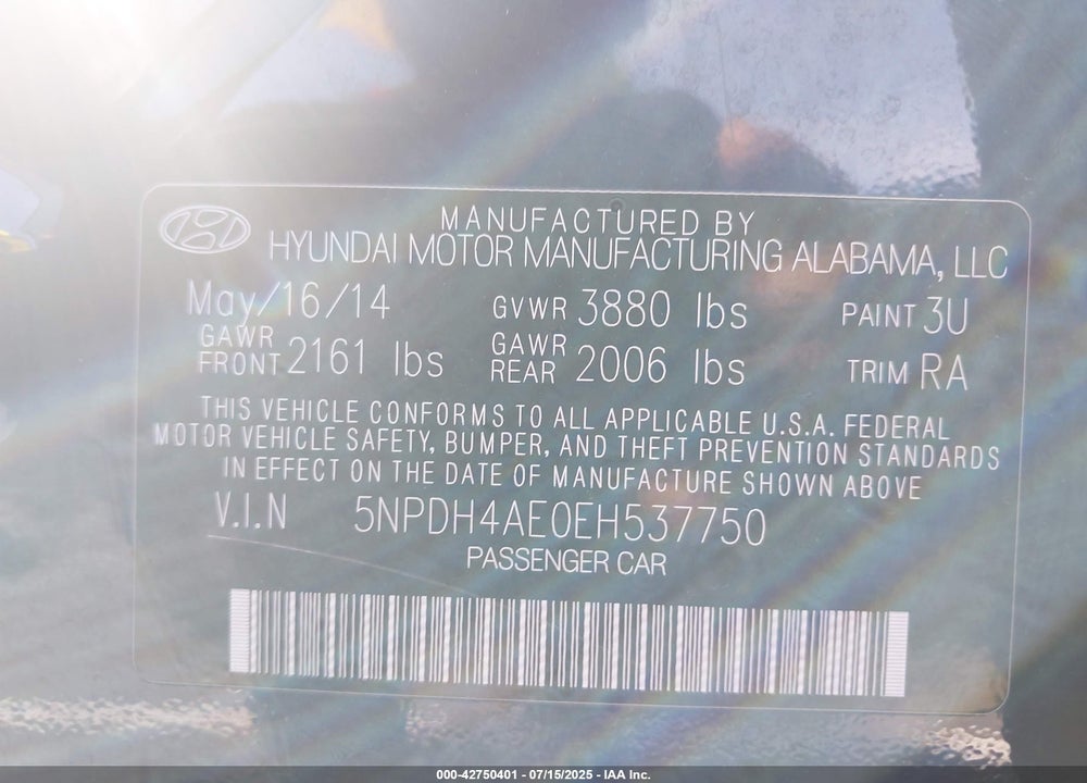 2014 HYUNDAI ELANTRA VIN: 5NPDH4AE0EH537750