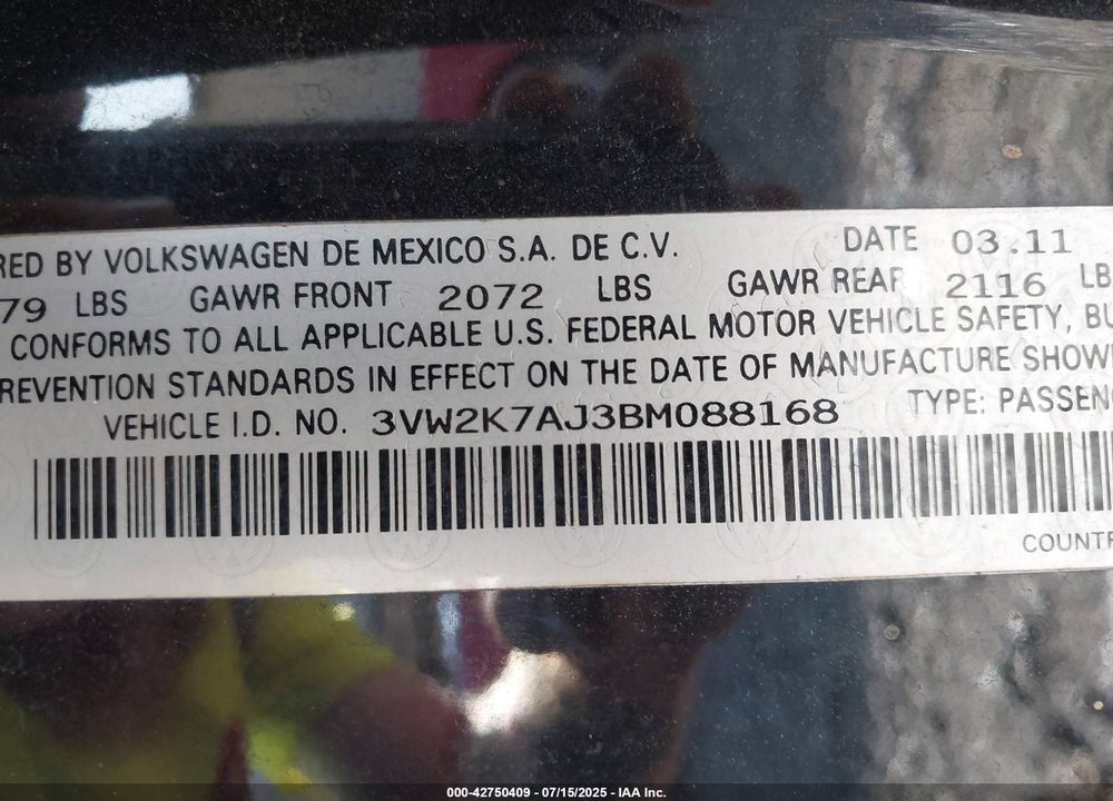 2011 VOLKSWAGEN JETTA VIN: 3VW2K7AJ3BM088168