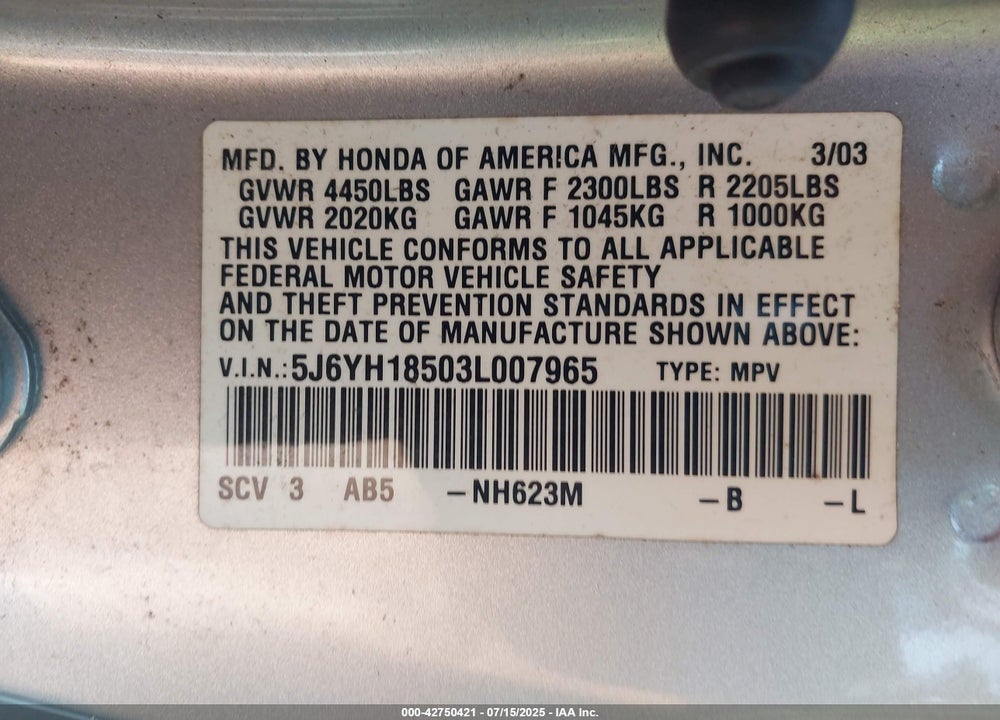 2003 HONDA ELEMENT EX VIN: 5J6YH18503L007965