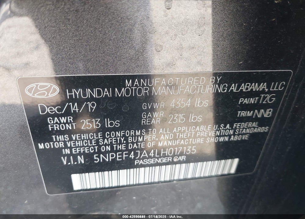 2020 HYUNDAI SONATA VIN: 5NPEF4JA4LH017135