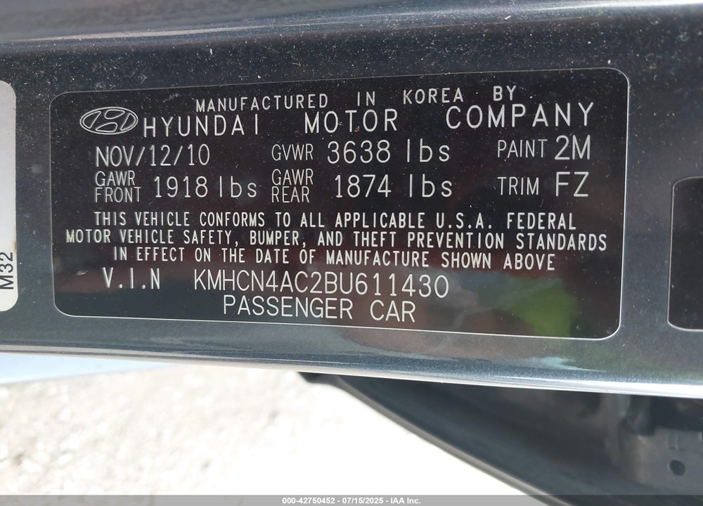 2011 HYUNDAI ACCENT VIN: KMHCN4AC2BU611430