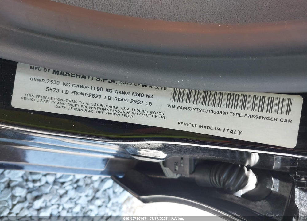 2018 MASERATI GHIBLI VIN: ZAM57YTS4J1304839