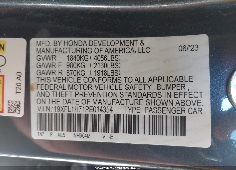 2023 HONDA CIVIC EX-L /EX-L W/O BSI VIN: 19XFL1H71PE014354