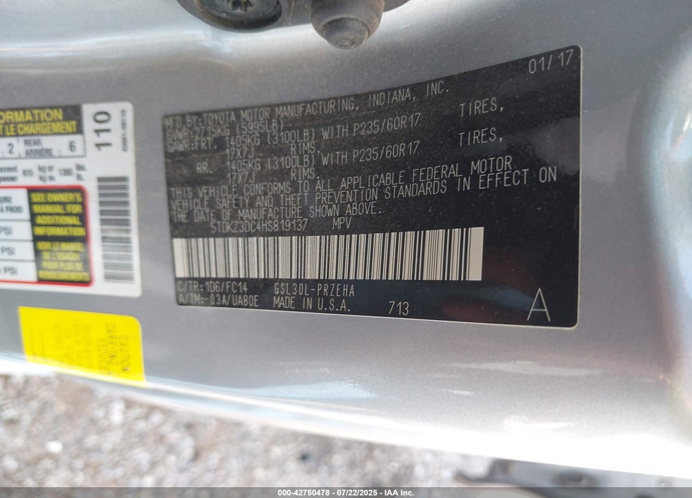 2017 TOYOTA SIENNA LE 8 PASSENGER VIN: 5TDKZ3DC4HS819137