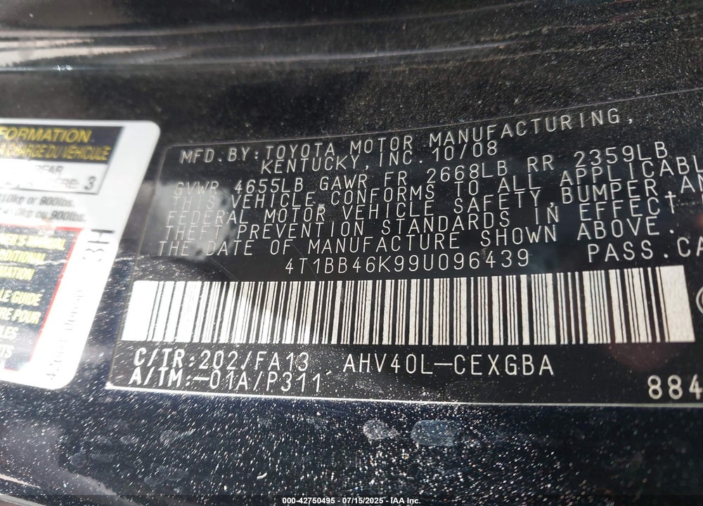 2009 TOYOTA CAMRY HYBRID VIN: 4T1BB46K99U096439
