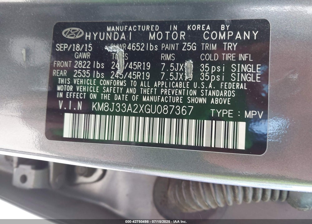 2016 HYUNDAI TUCSON VIN: KM8J33A2XGU087367