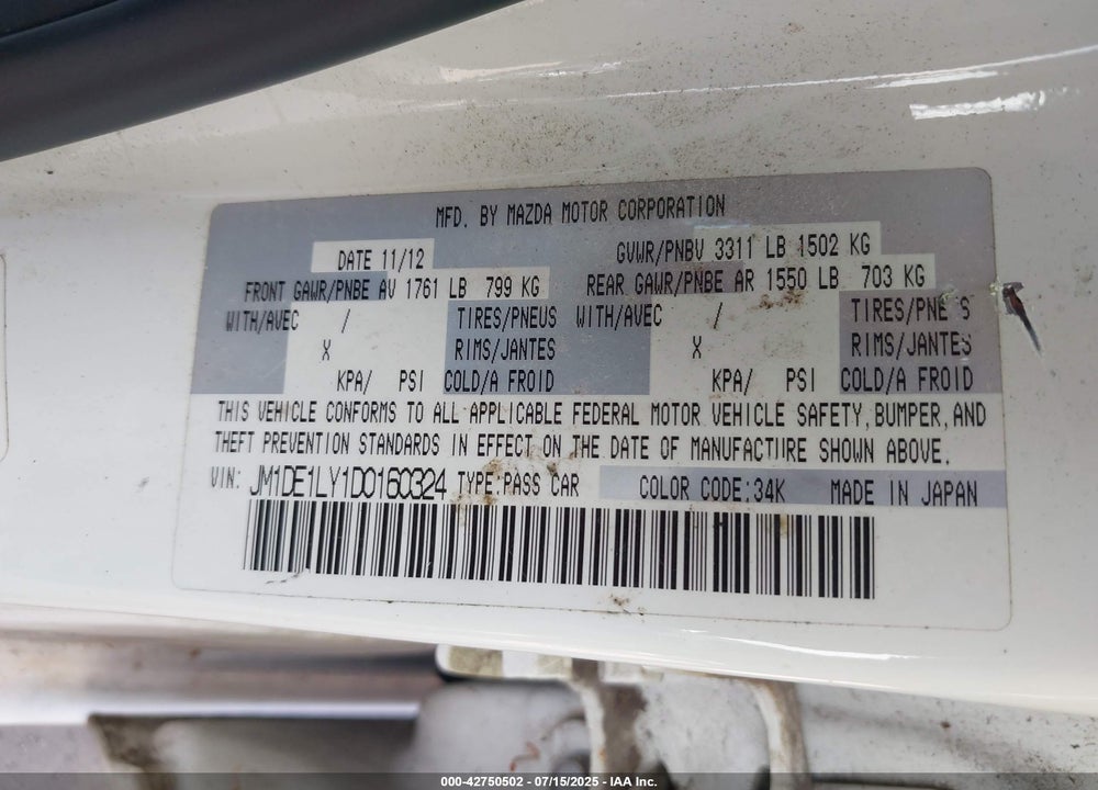 2013 MAZDA 2 VIN: JM1DE1LY1D0160324