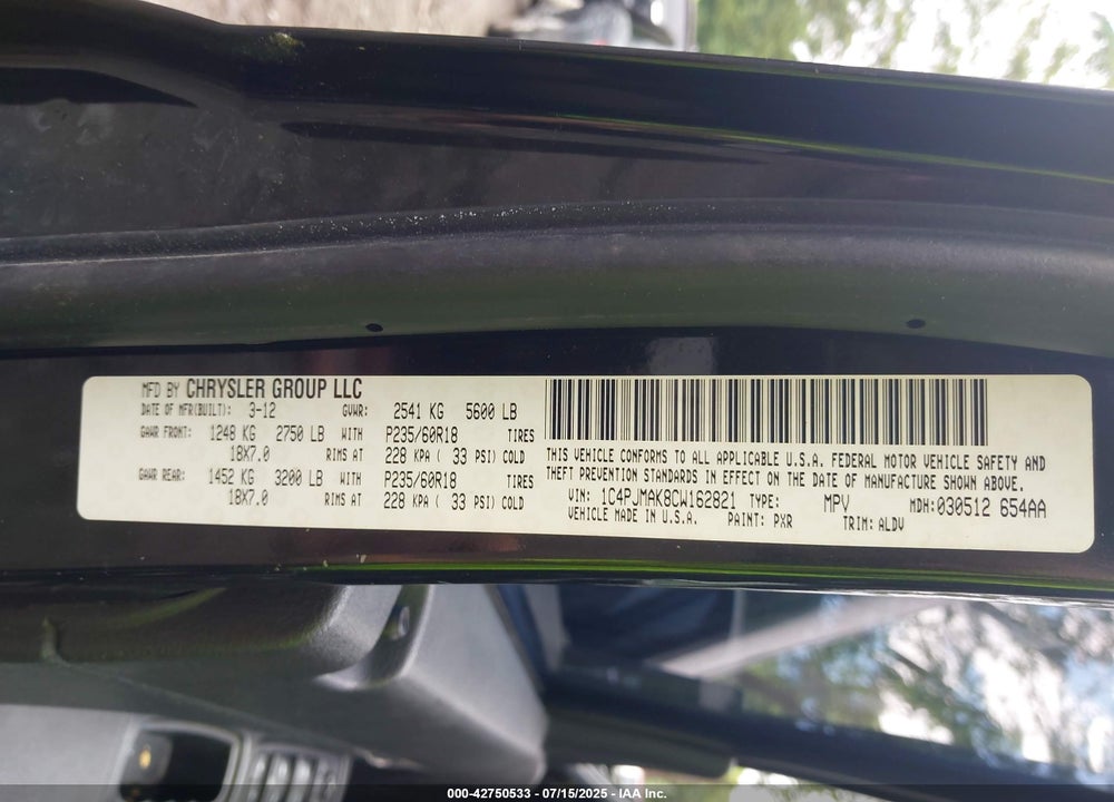 2012 JEEP LIBERTY VIN: 1C4PJMAK8CW162821
