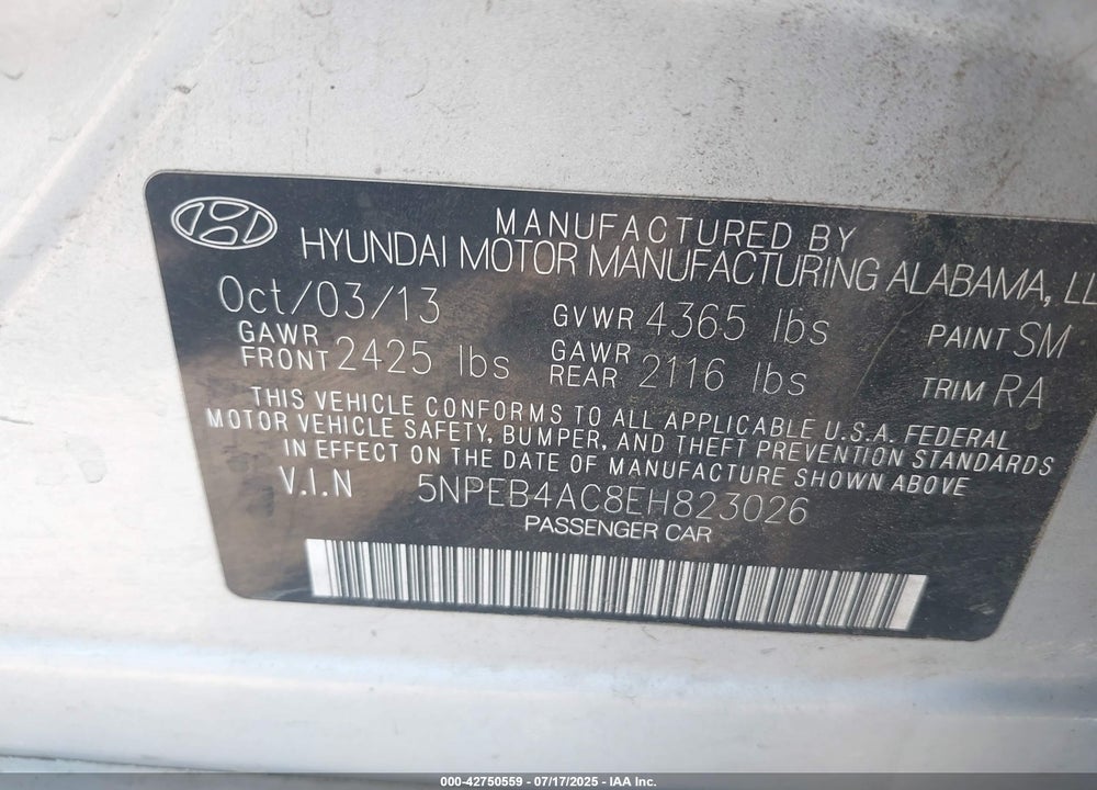 2014 HYUNDAI SONATA VIN: 5NPEB4AC8EH823026