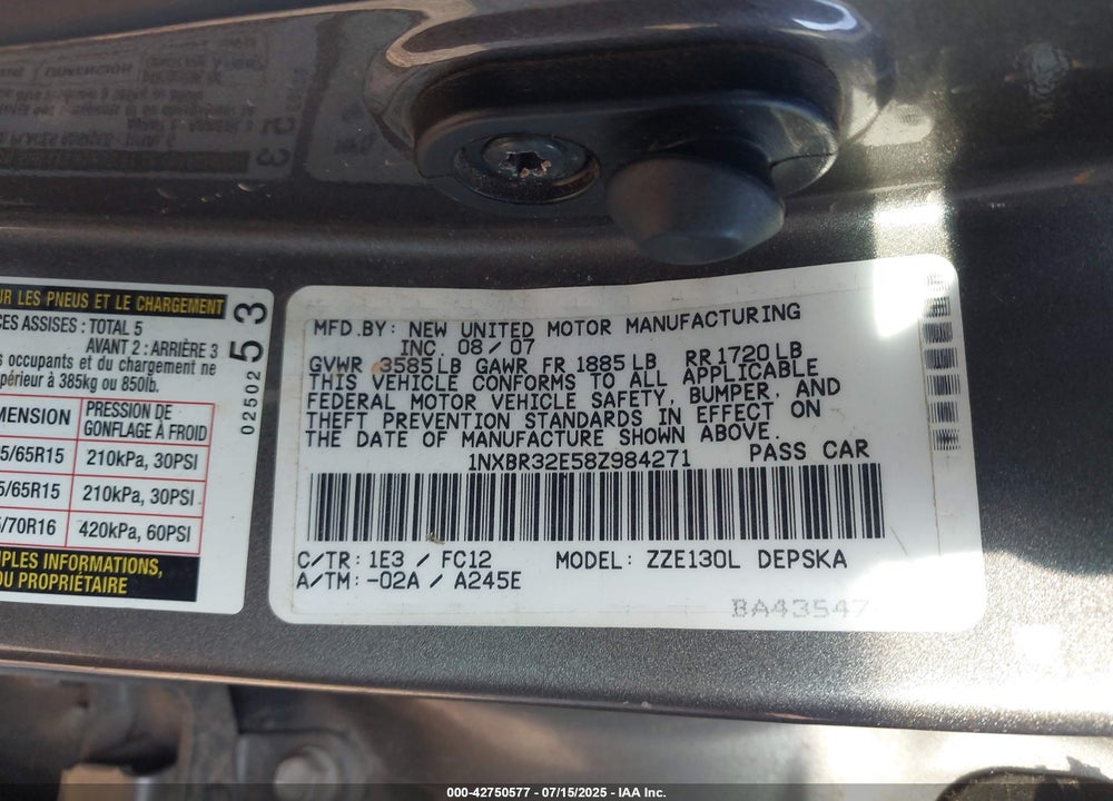 2008 TOYOTA COROLLA VIN: 1NXBR32E58Z984271