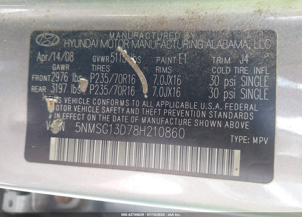 2008 HYUNDAI SANTA FE VIN: 5NMSG13D78H210860