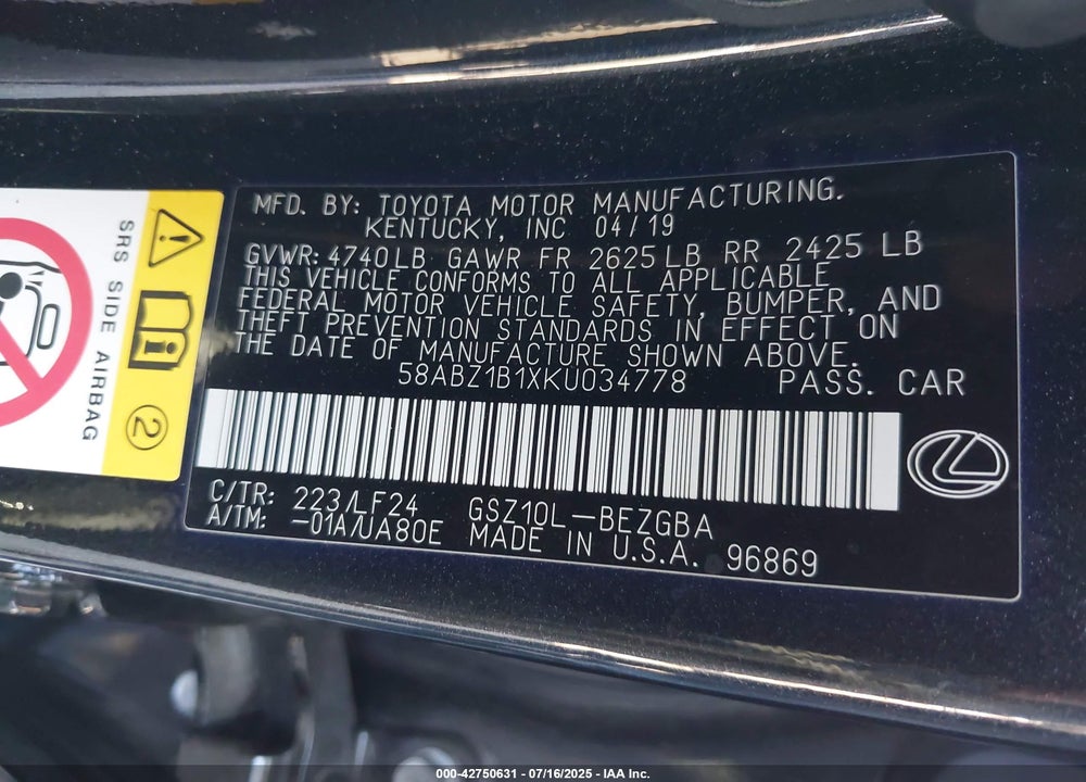 2019 LEXUS ES 350 VIN: 58ABZ1B1XKU034778