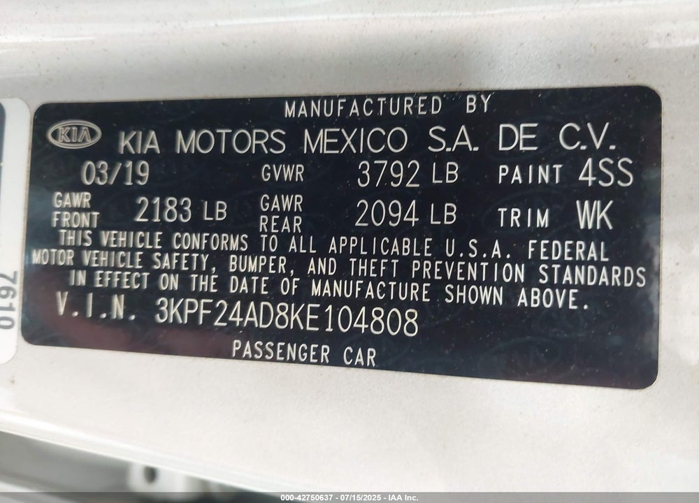 2019 KIA FORTE VIN: 3KPF24AD8KE104808