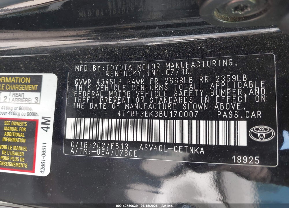 2011 TOYOTA CAMRY VIN: 4T1BF3EK3BU170007