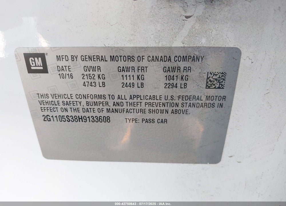 2017 CHEVROLET IMPALA 1LT VIN: 2G1105S38H9133608