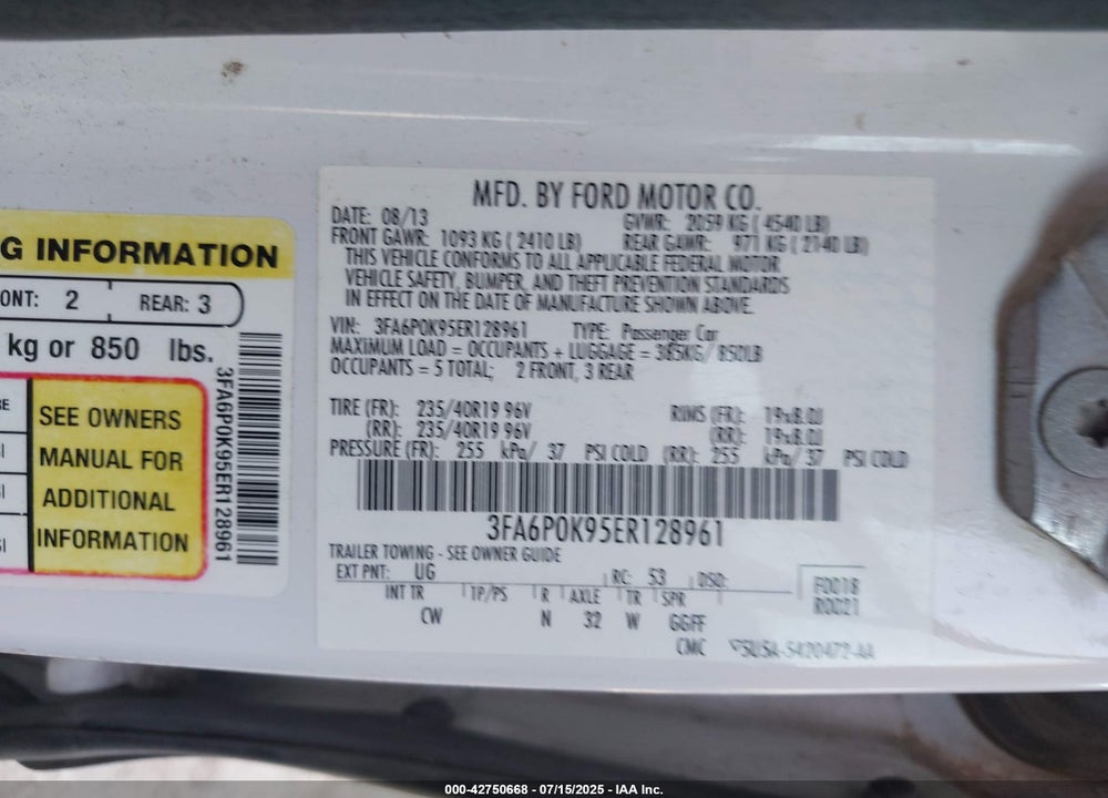 2014 FORD FUSION VIN: 3FA6P0K95ER128961