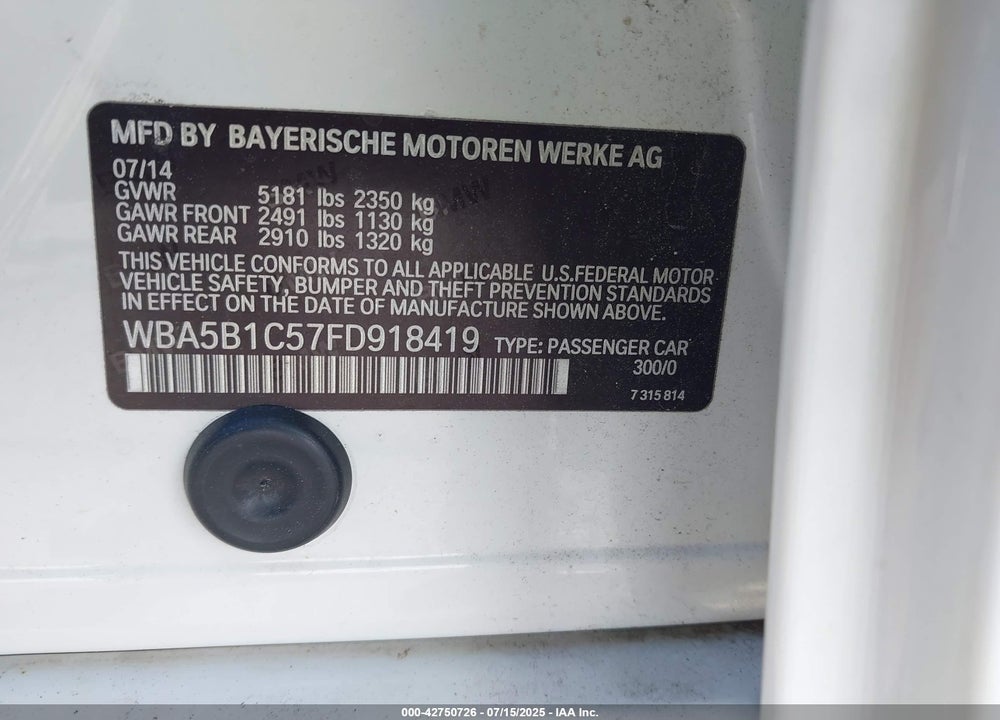 2015 BMW 5 SERIES VIN: WBA5B1C57FD918419