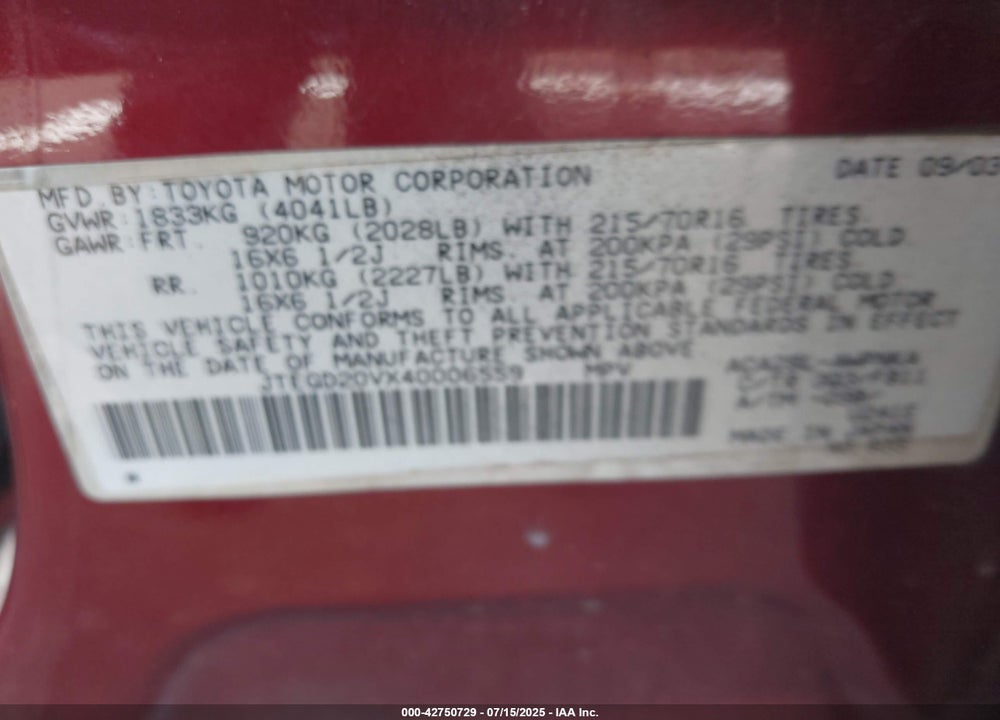 2004 TOYOTA RAV4 VIN: JTEGD20VX40006559