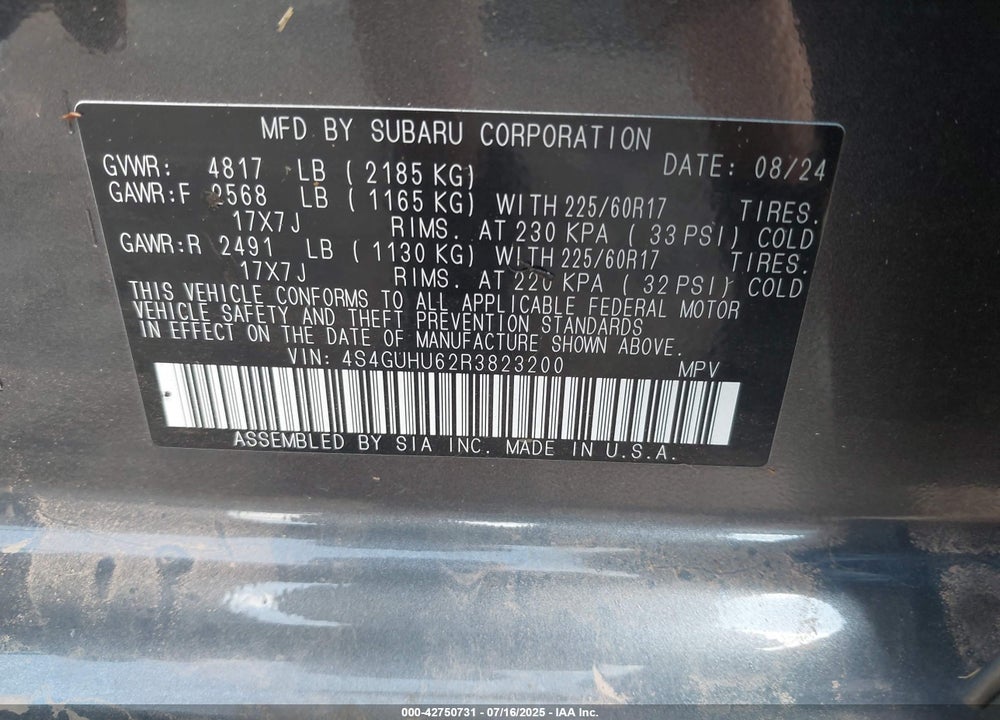 2024 SUBARU CROSSTREK VIN: 4S4GUHU62R3823200