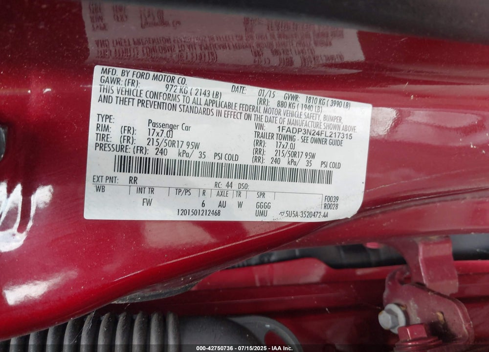 2015 FORD FOCUS VIN: 1FADP3N24FL217315