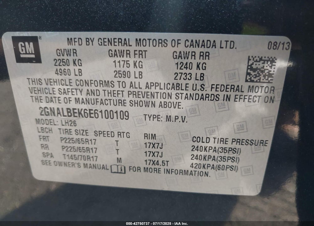 2014 CHEVROLET EQUINOX VIN: 2GNALBEK6E6100109