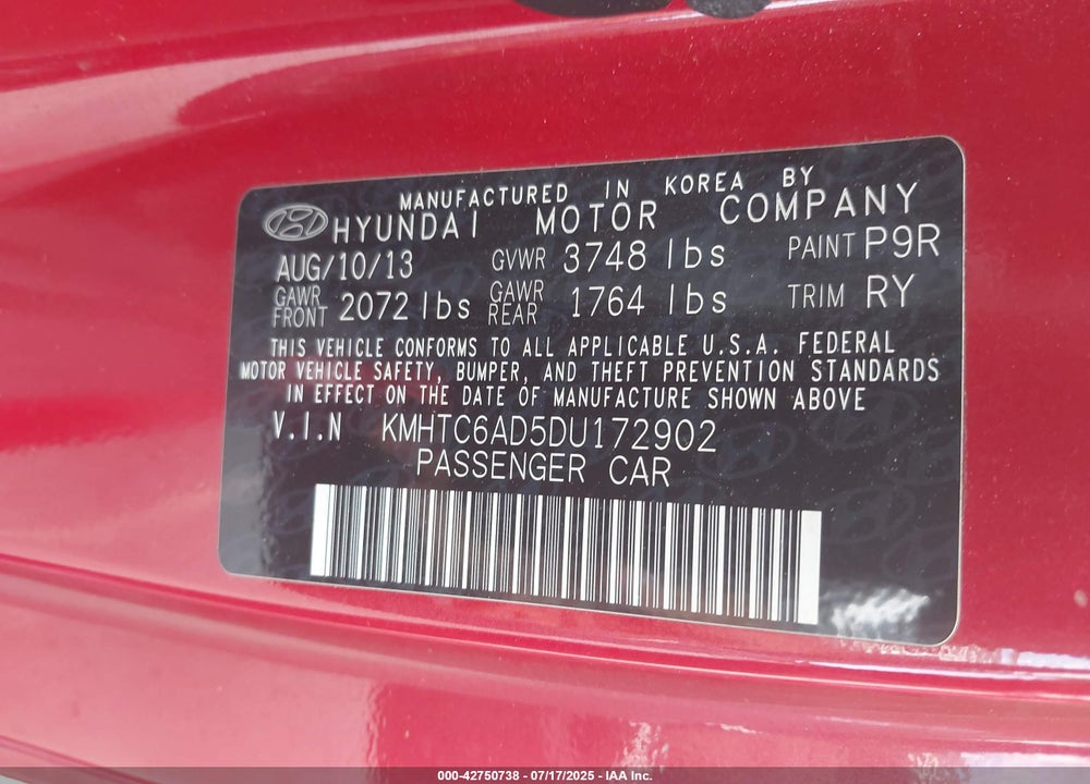 2013 HYUNDAI VELOSTER VIN: KMHTC6AD5DU172902
