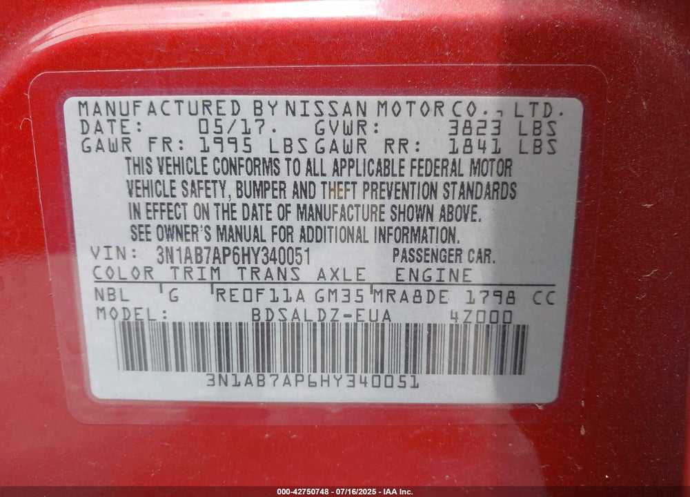2017 NISSAN SENTRA VIN: 3N1AB7AP6HY340051