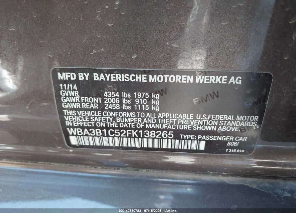2015 BMW 3 SERIES VIN: WBA3B1C52FK138265