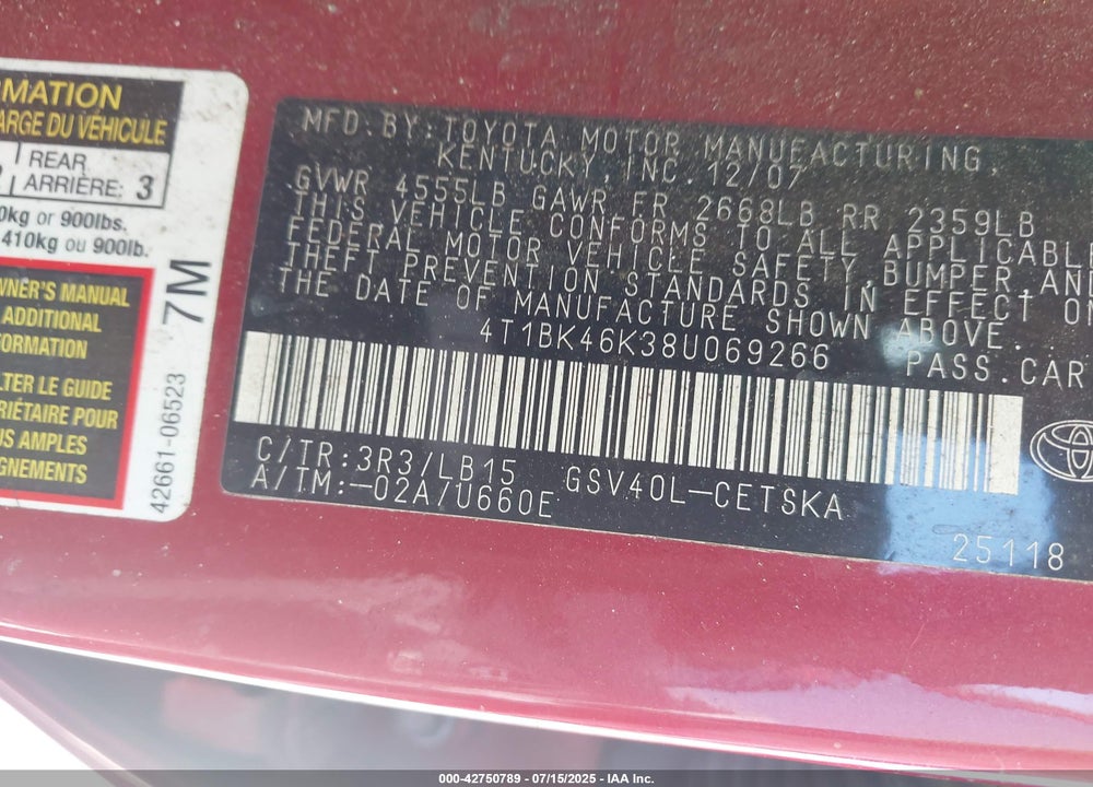 2008 TOYOTA CAMRY SE V6 VIN: 4T1BK46K38U069266