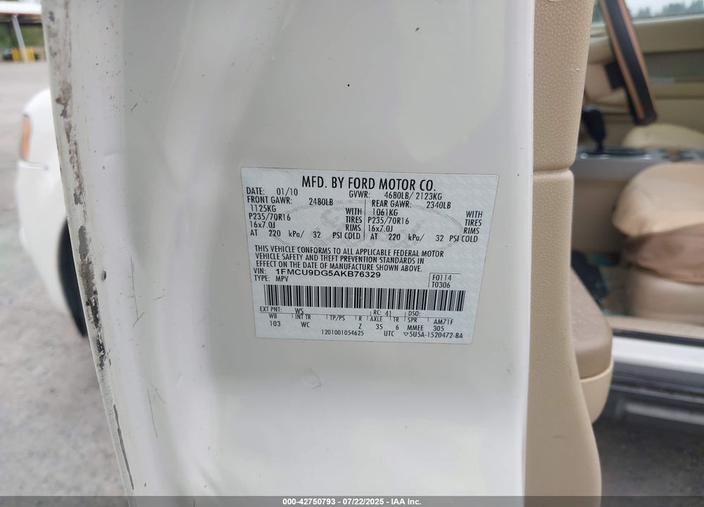 2010 FORD ESCAPE VIN: 1FMCU9DG5AKB76329