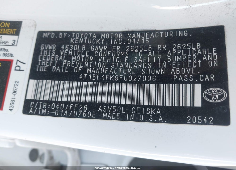 2015 TOYOTA CAMRY VIN: 4T1BF1FK9FU027006