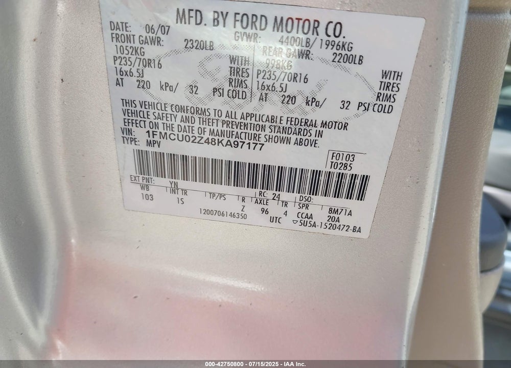 2008 FORD ESCAPE XLS/XLS MANUAL VIN: 1FMCU02Z48KA97177