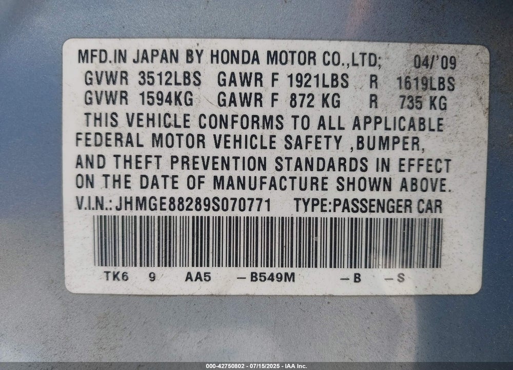 2009 HONDA FIT VIN: JHMGE88289S070771