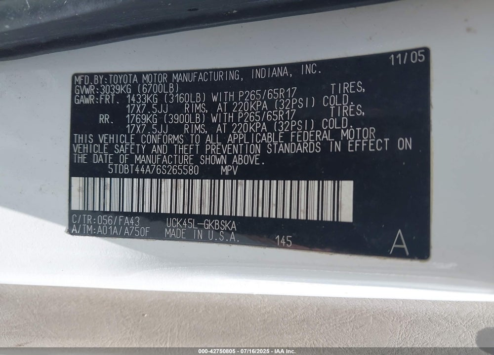 2006 TOYOTA SEQUOIA VIN: 5TDBT44A76S265580