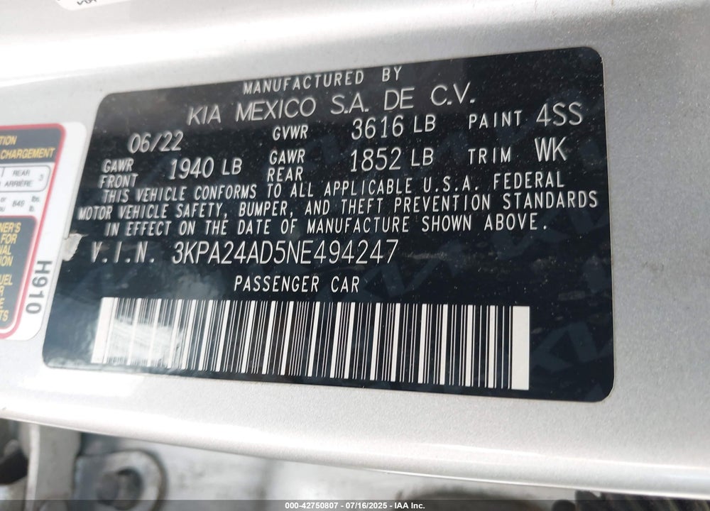 2022 KIA RIO VIN: 3KPA24AD5NE494247
